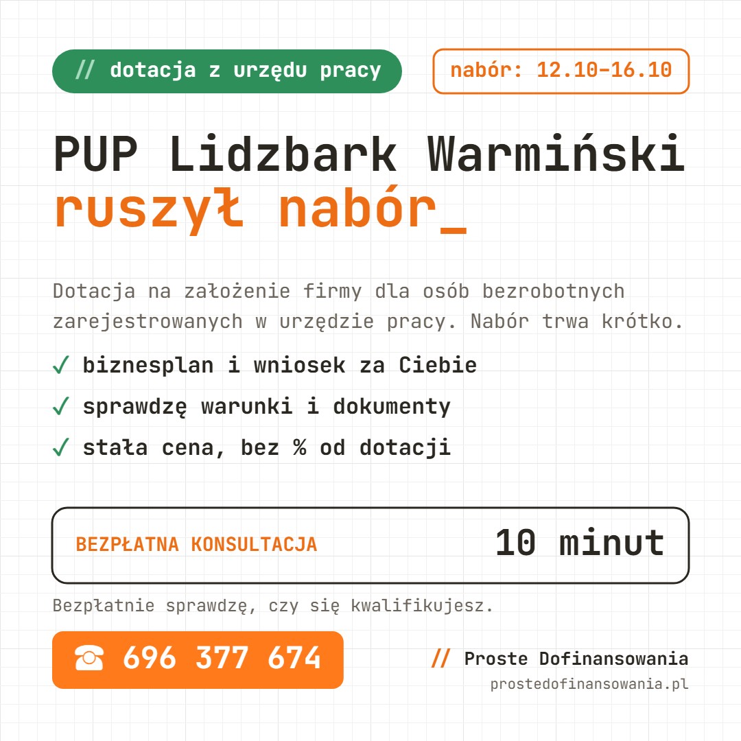 PUP Lidzbark Warmiński: nabór na dotację na założenie firmy (12.10–16.10.2026)