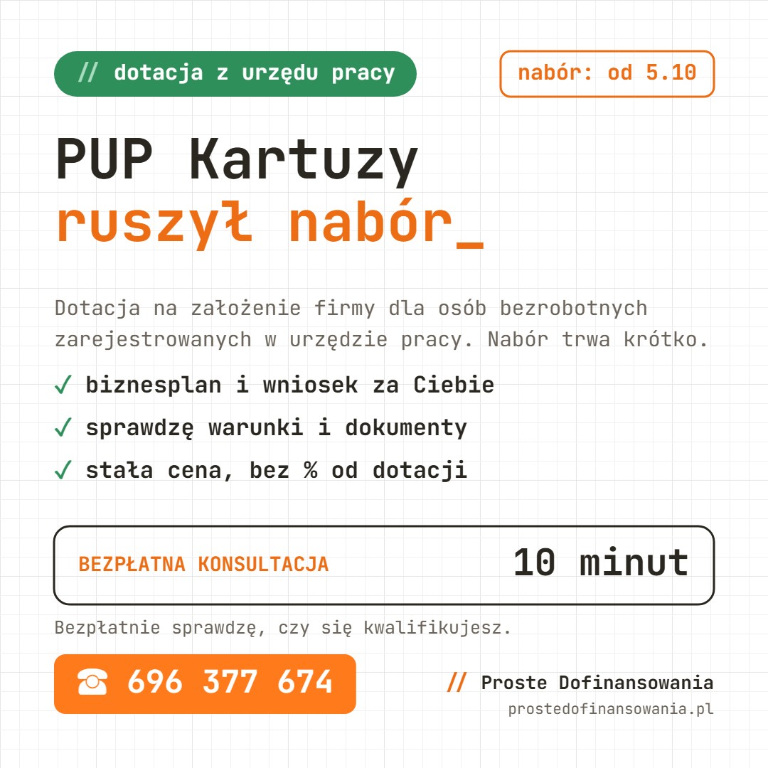 Dotacja PFRON z PUP Kartuzy 2026: środki na firmę dla osób niepełnosprawnych, nabór do 16.10.2026