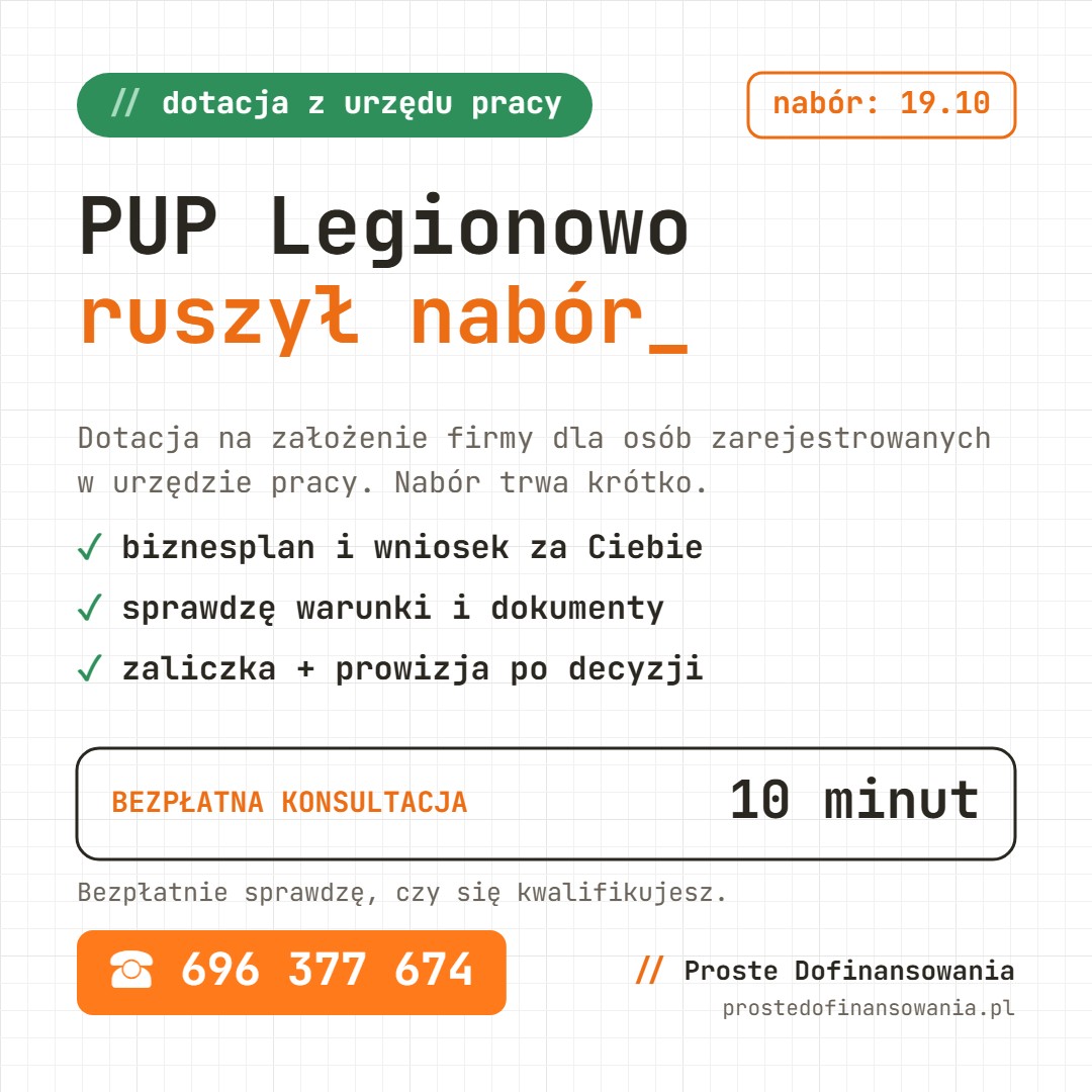 Dotacja z PUP Legionowo: wnioski tylko 19.10.2026, 8 miejsc, rozmowa z doradcą 12-15.10