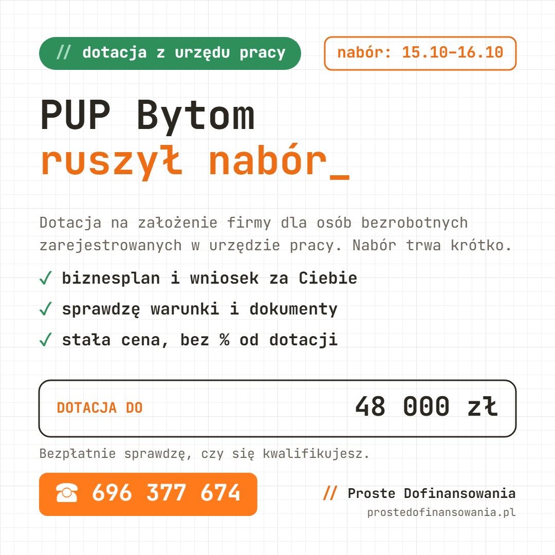 Dotacja z urzędu pracy Bytom 2026: do 48 000 zł na firmę, wnioski 15-16.10.2026